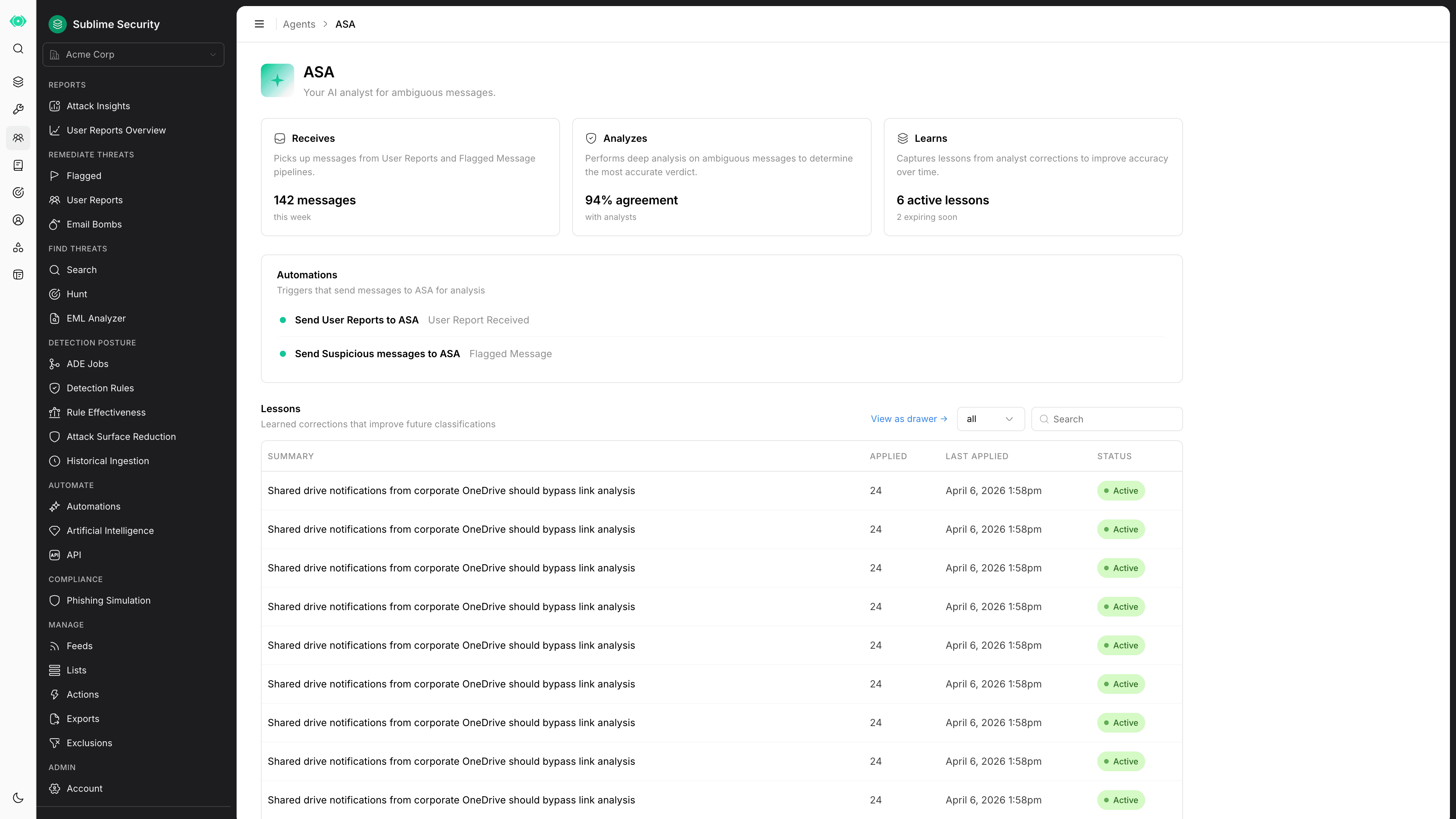 ASA agent overview with receive, analyze, and learn stats above the lesson table