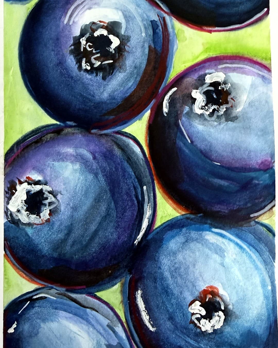Watercolor study of blueberries on a lime ground